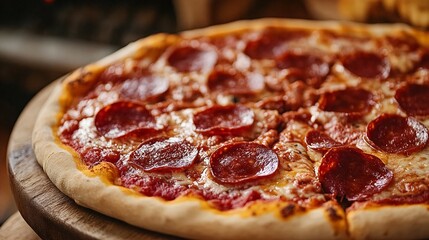Traditional Italian salami pizza baking in wood fired brick oven. Rustic culinary scene with fresh ingredients like basil and tomatoes on wooden table