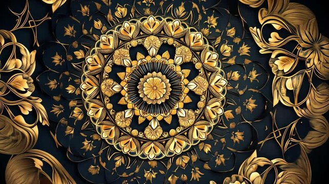 A gold and black flowery design with a blue background