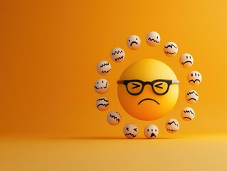Sad emoji surrounded by swirling insults, cyberbullying prevention concept, 3D illustration