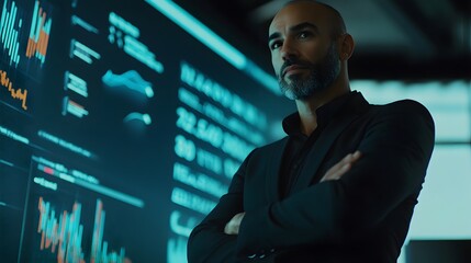 Fototapeta premium Confident businessman analyzes data, strategic vision illuminated by tech, a leader in digital finance.