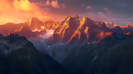 Naklejka premium Breathtaking mountain landscape with vivid sunset colors highlighting sharp snowy peaks
