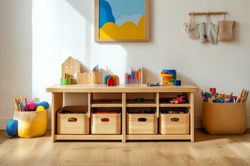 Stylish kids playroom featuring wooden storage bins and a functional table for independence