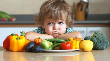 Fototapeta premium child frowns at plate of colorful vegetables