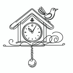 Minimalist cuckoo clock drawn in one continuous line, AI Generation