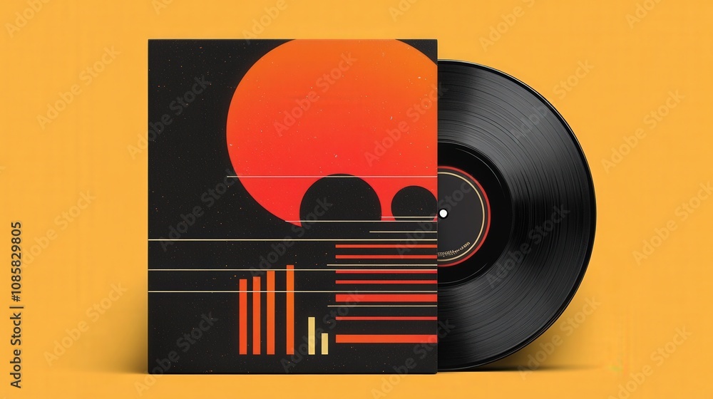 Aufkleber retro vinyl record design with abstract artwork and warm color palette featuring a bold sun and geom