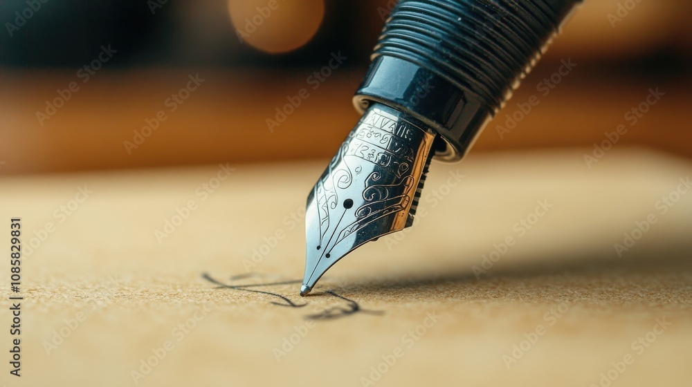 Poster elegant fountain pen close-up on smooth paper capturing artistic writing and detailed calligraphy in
