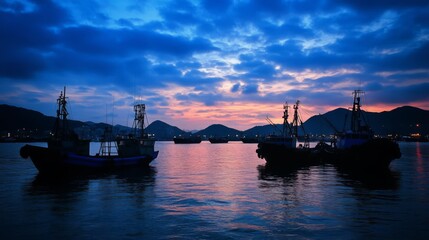 Silhouette of fishing boats at sunset with a dramatic sky and mountains in the background.