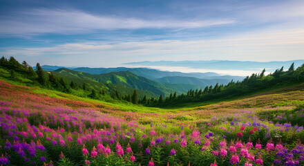 A vibrant alpine meadow with colorful wildflowers and layers of green mountains under a blue sky.