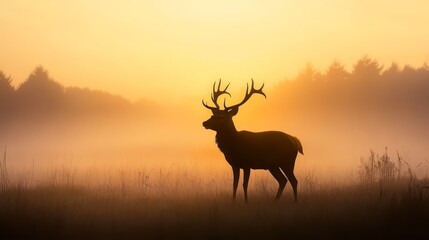 Silhouette of a deer standing in a field at sunrise with fog in the background.