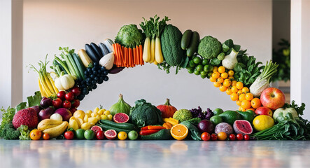 A colorful arrangement of various fresh fruits and vegetables forming a vibrant arch, showcasing their diversity. Apples, carrots, broccoli, citrus, and greens. Healthy diet, New Year's resolutions.