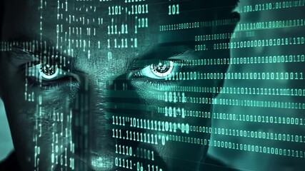 Cybersecurity Vigilance: A close-up shot of a determined individual's eyes superimposed on a stream of digital code, symbolizing the constant vigilance needed in the digital world.