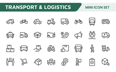 Transport and Logistics Icon Collection. High-Quality Icons for Shipping, Delivery, Freight, Fleet Management, Cargo Handling, and Supply Chain Optimization