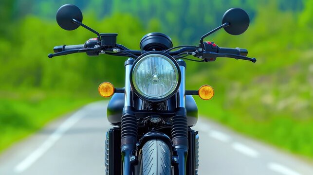 Elegant black motorcycle with close-up headlight and handlebar in a scenic setting featuring blurred greenery and bokeh lights for display purposes
