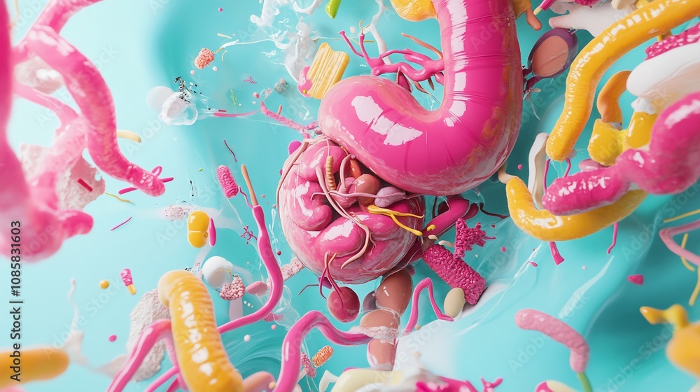 Poster abstract colorful 3d render of swirling, glossy forms.