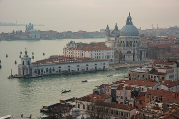 Fototapeta premium View of the church Santa Maria della Salute and the Grand Canal. As seen from the Campanile San Marco on a misty December morning.