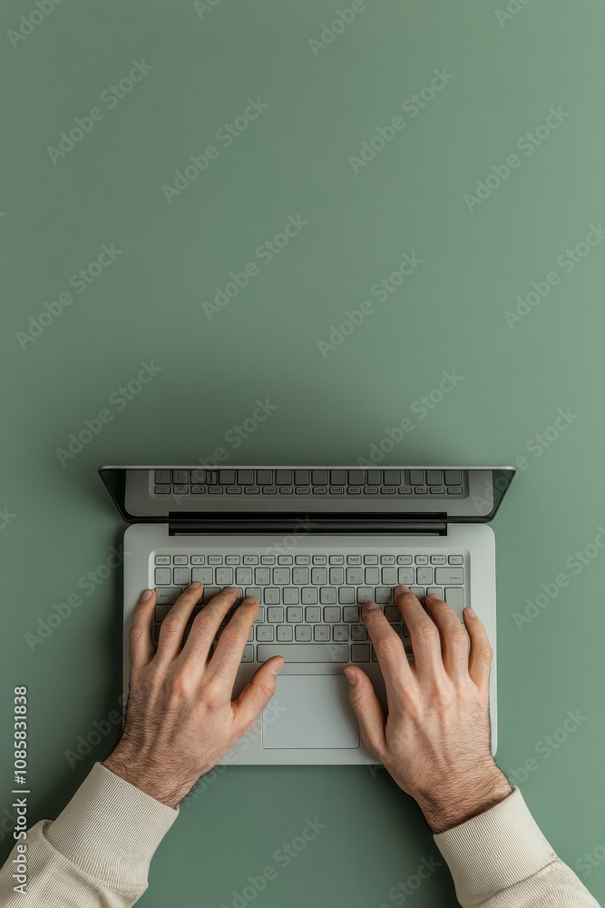 Poster minimalist flat lay of hands typing on laptop with green background and ample copy space