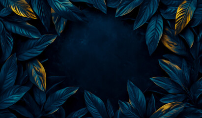 A frame of 3D navy blue and gold tropical leaves