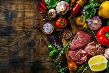 Raw beef meat with spices and vegetables on wooden background. Top view