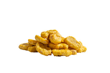 A pile of golden yellow chicken nuggets. The nuggets are piled on top of each other