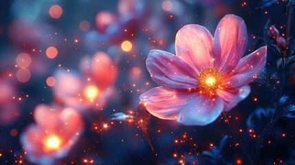Fototapeta premium Glowing pink flower with magical sparkles at night.