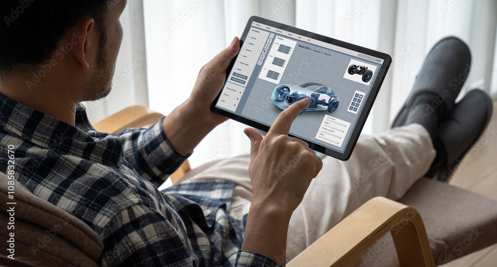 Poster electric car design software on computer screen showing simulation blueprint snugly by digital calcu