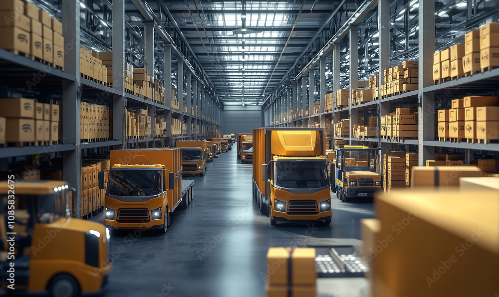 Poster a busy warehouse filled with rows of stacked boxes and yellow delivery trucks preparing for logistic