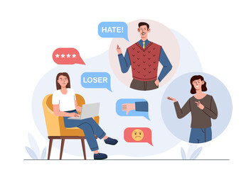 Girl with cyberbullying. Woman with hate on social networks. Negative feelings and emotions. Mental and psychological problems. Flat vector illustration isolated on white background