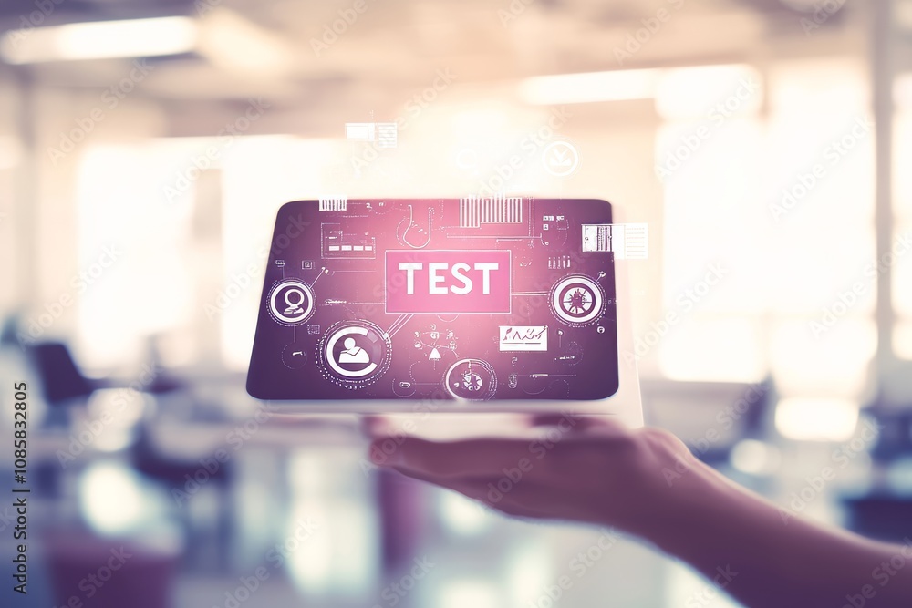 Poster hand holding a tablet displaying data icons and test in blurred office with soft pastel colors
