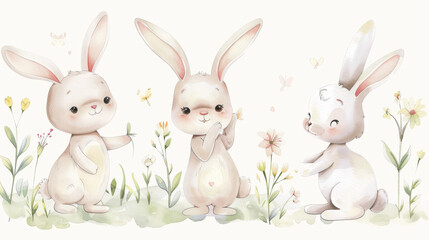 Obraz premium Charming watercolor rabbits in a floral setting, perfect for children's decor, stationery, or nature-themed designs.