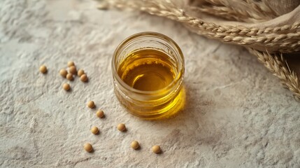 Golden oil in a glass jar on a light stone surface with soybean pods scattered, isolated with rustic accents