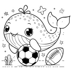 Cute Whale Playing Football Coloring Page, Cartoonish Style
