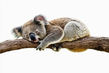 Naklejka premium Sleepy koala clinging to an invisible branch isolated on white background.