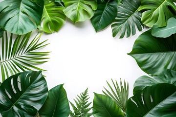 Fototapeta premium Luxurious green tropical leaves background with natural sunlight, perfect for creative designs, mockups, or nature-themed compositions