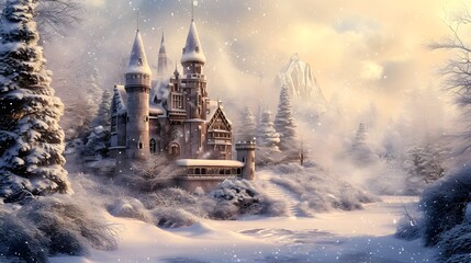 Majestic snow-covered castle in a serene winter wonderland surrounded by frosted trees and mountains