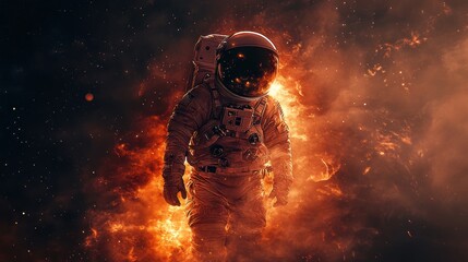 Fiery Astronaut Amidst Cosmic Nebula and Stars