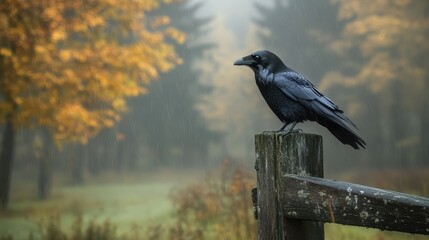 Raven Perched On A Wooden Post In Autumn Rain