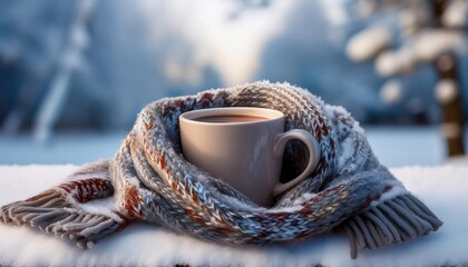 Embracing Winter Serenity. Steaming Cup of Coffee Nestled in a Soft Knitted Scarf, Resting on Snow Covered Ground, Capturing the Essence of Cozy Comfort Amidst a Picturesque Frosty Landscape