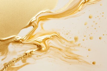 Abstract golden liquid texture with sparkling details and fluid patterns on a white background. Macro shot of paint texture. Design for background, wallpaper, and poster