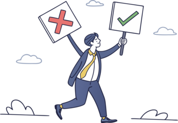 businessman holding signs with checkmark and cross symbolizing decision-making on transparent background.

