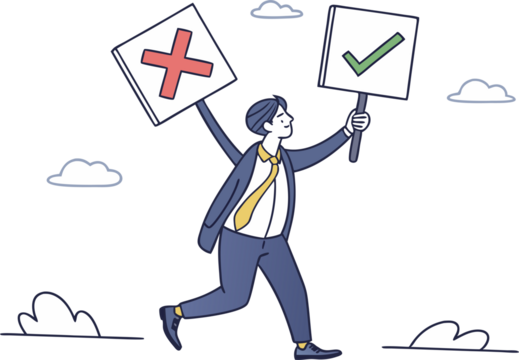 businessman holding signs with checkmark and cross symbolizing decision-making on transparent background.

