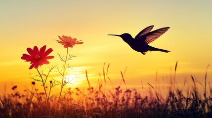 Fototapeta premium Silhouette of a hummingbird flying over a field of flowers at sunset.