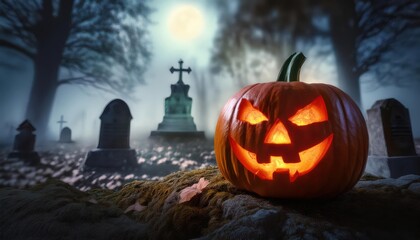 Obraz premium Sinister Jack-o'-Lantern Illuminates a Foggy Graveyard Under a Full Moon. Spine Chilling Halloween Visual Perfect for Haunted House Themes, Horror Stories, Digital Artwork, or Seasonal Decorations