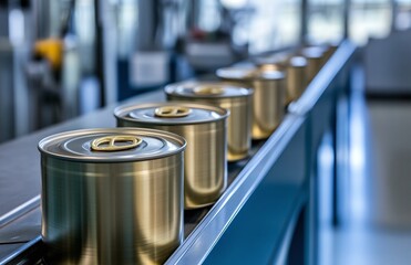 automated production line with golden cans on conveyor belt
