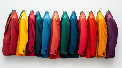 Vibrant colorful suits hanging on white background. joyful display of fashion options