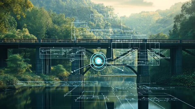 Bridge Infrastructure and Digital Overlay: A scenic bridge spans a tranquil river, its structure overlaid with digital schematics, representing the integration of technology in modern infrastructure.