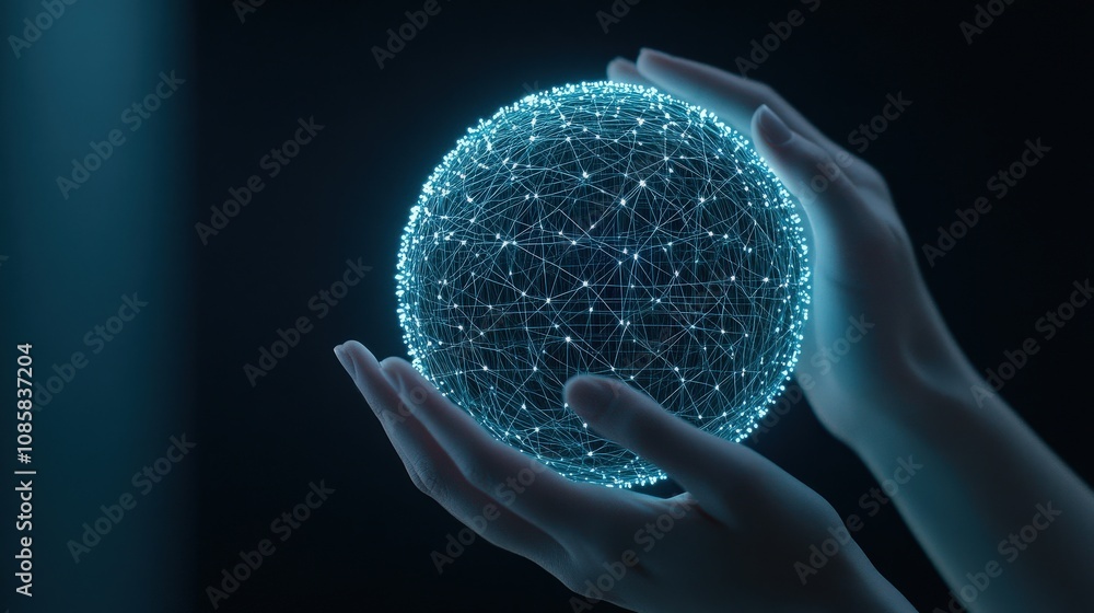 Poster Digital Sphere Representing Connectivity and Technology Through Interconnected Lines and Dots Held in Hands Against Dark Background
