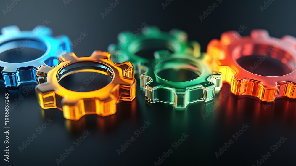 Poster Vibrant Multicolored Gears on a Dark Surface Representing Innovation and Technology in Engineering and Design Concepts for Modern Industry Applications