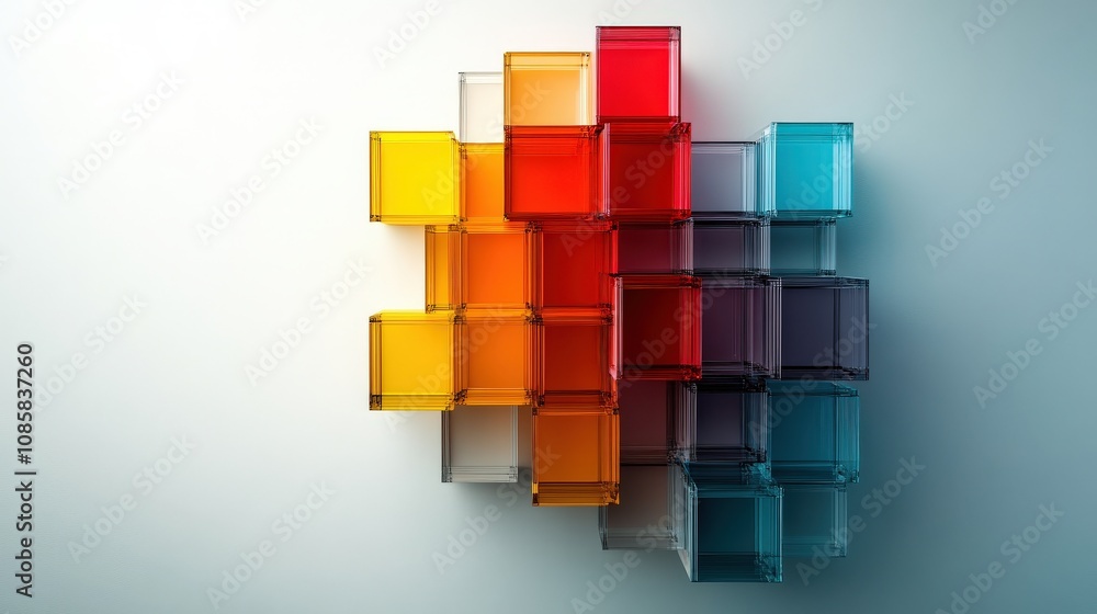 Poster Colorful translucent cubes arranged in a gradient pattern on a soft background, creating a visually striking and modern abstract design