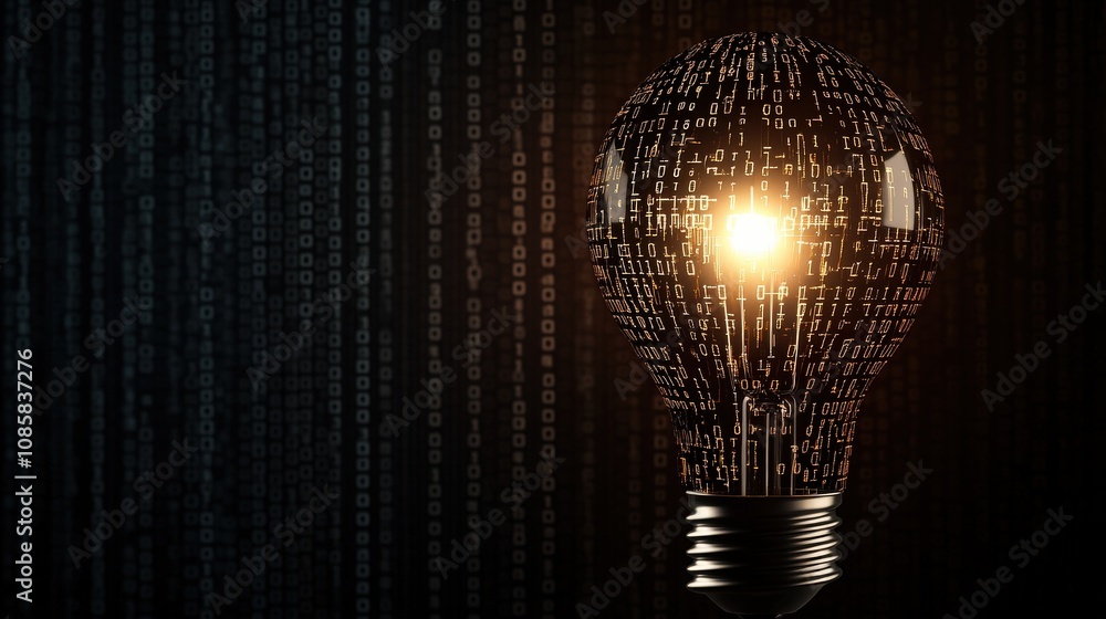 Aufkleber Innovative Light Bulb Illuminated by Digital Binary Code Representing Technology and Ideas, Symbolizing Creativity in the Digital Age with a Dark Background