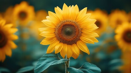 Fototapeta premium Vibrant sunflower in a field of sunflowers.